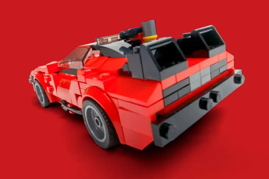 Parte trasera del lego ferrari f8 en delorean